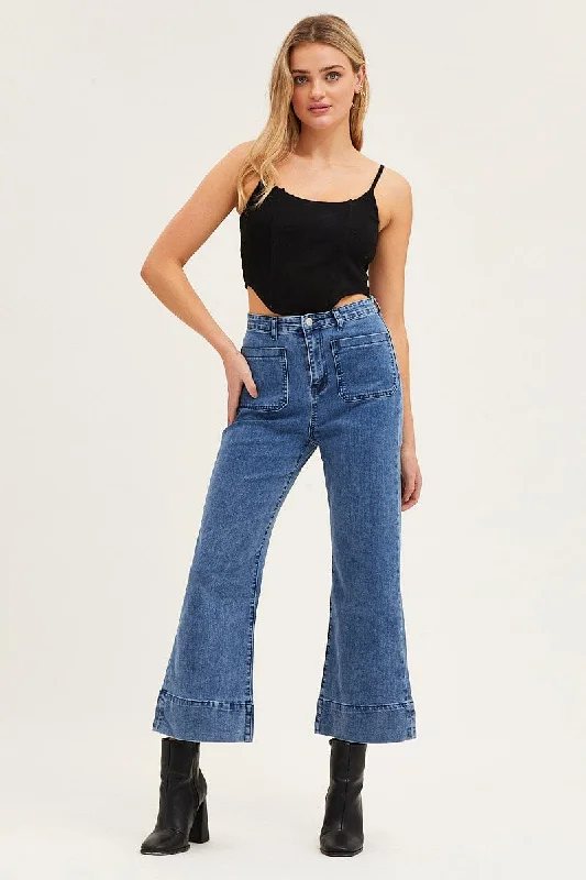 Blue Denim Jeans High Rise Wide Leg Pocket