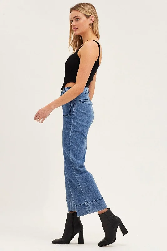 Blue Denim Jeans High Rise Wide Leg Pocket