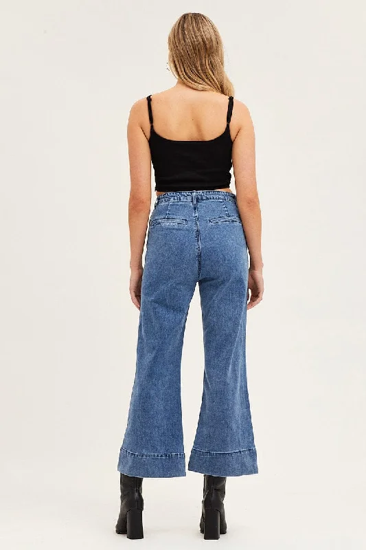 Blue Denim Jeans High Rise Wide Leg Pocket