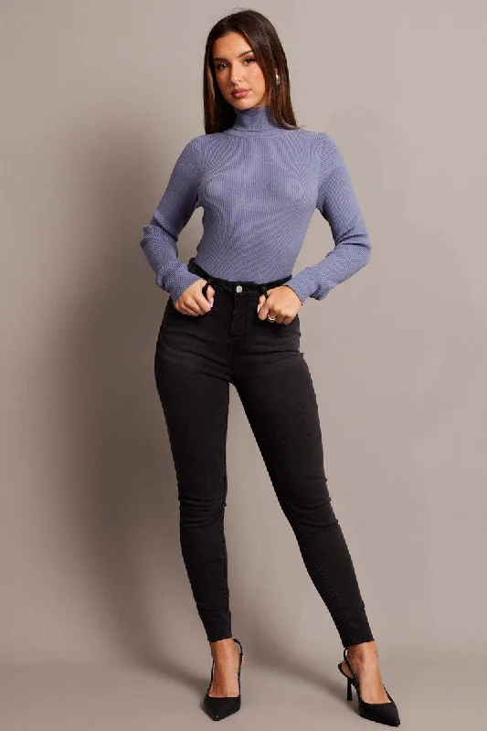 Blue Knit Top Long Sleeve High Neck