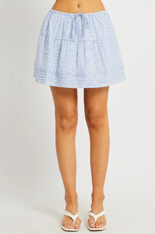 Blue Stripe Skater Skirt High Rise Tiered Mini