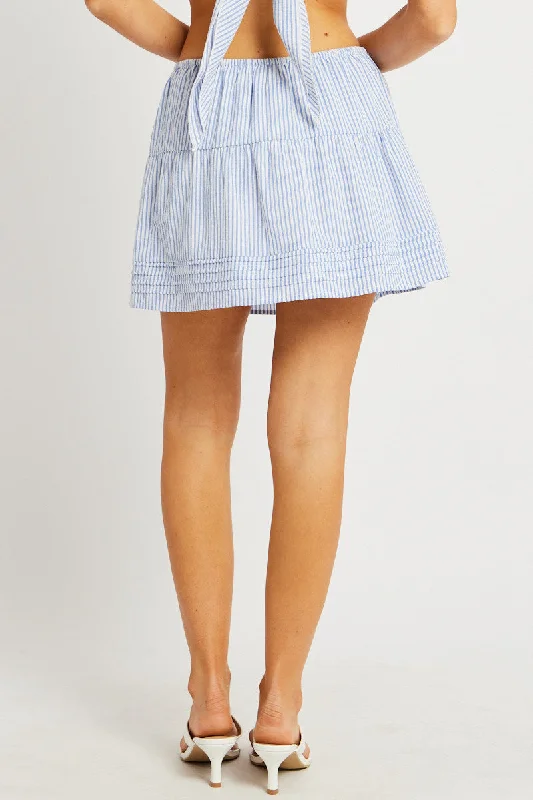 Blue Stripe Skater Skirt High Rise Tiered Mini