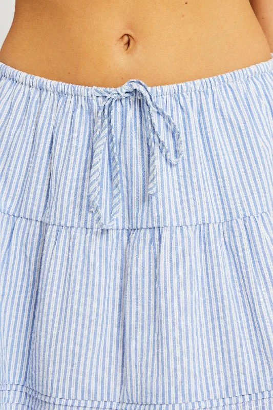 Blue Stripe Skater Skirt High Rise Tiered Mini