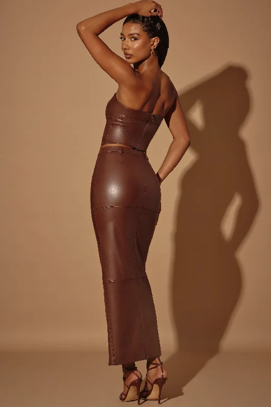 Mid-Rise Vegan Leather Maxi Skirt in Brown