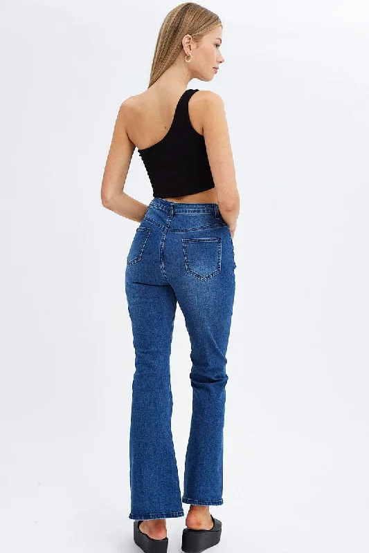 Denim Flare Jeans Mid Rise Pintuck