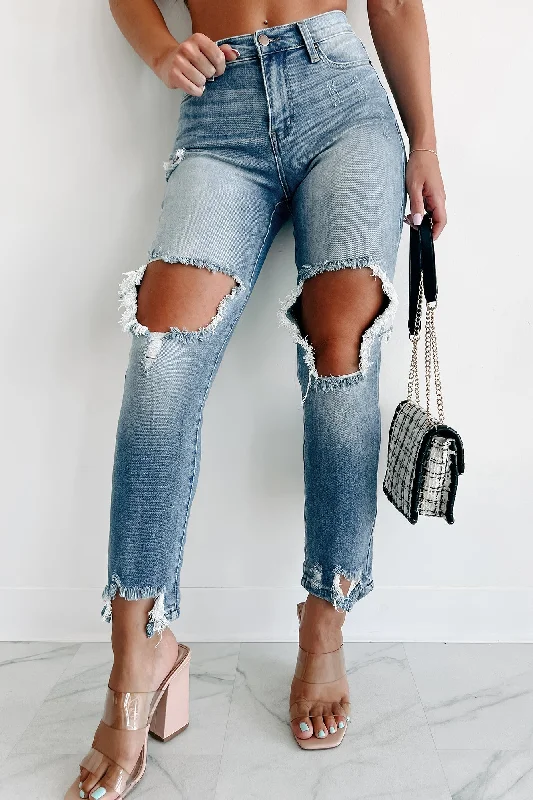 Fate Will Decide Low Rise Distressed Straight Leg Jeans (Medium Stone)