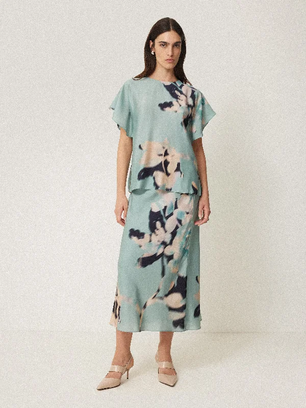 Floral Drift Silk Blend Skirt | Blue