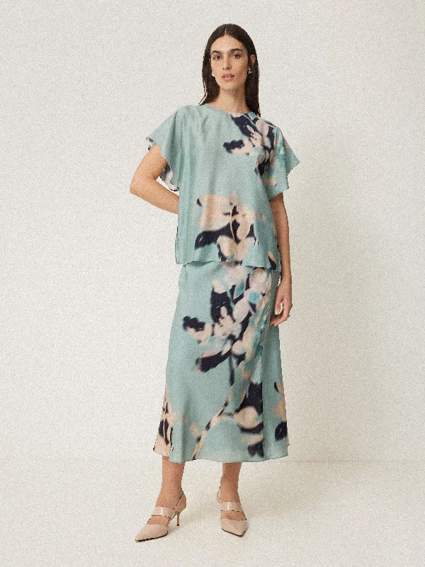 Floral Drift Silk Blend Skirt | Blue