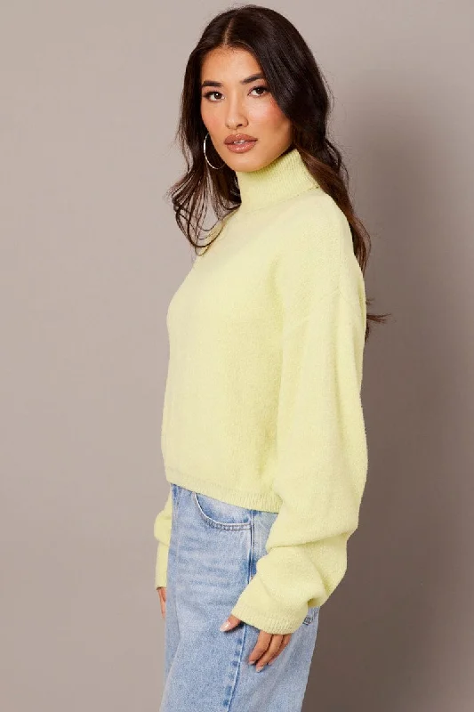 Green Knit Top Long Sleeve High Neck Fluffy