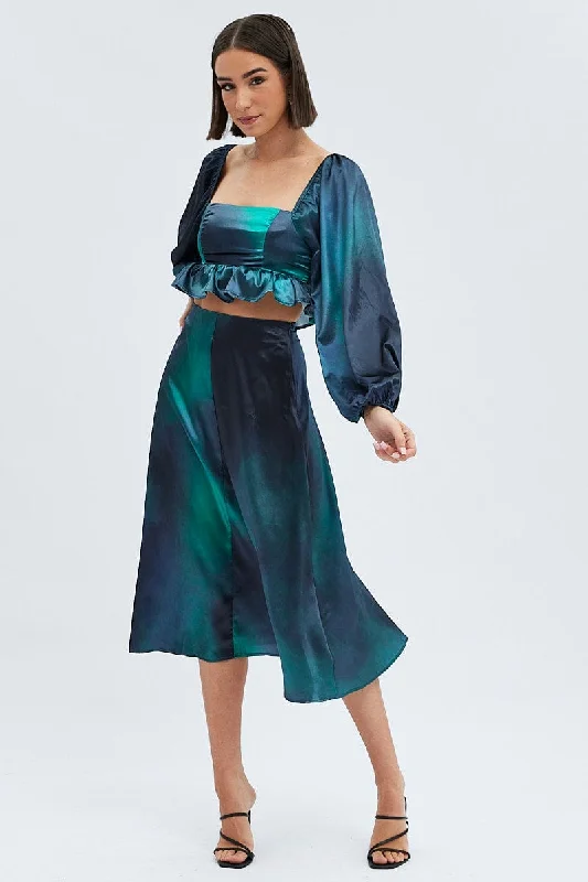 Green Print Midi Skirt High Waisted A-line Panelled Satin