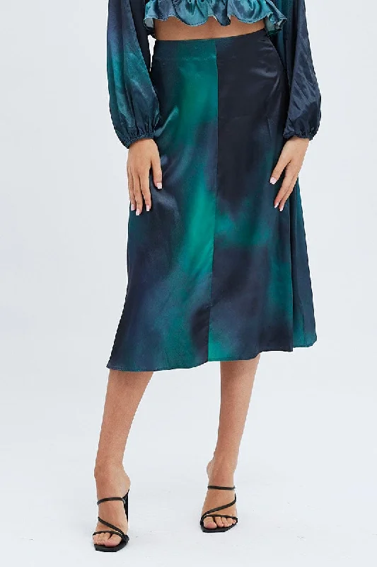 Green Print Midi Skirt High Waisted A-line Panelled Satin