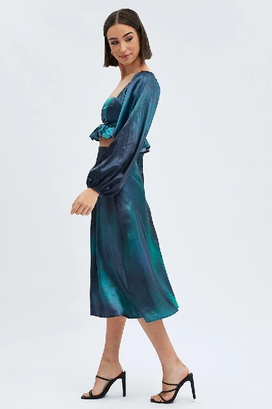 Green Print Midi Skirt High Waisted A-line Panelled Satin