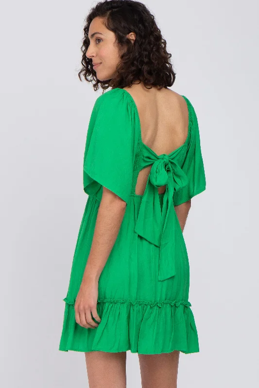 Green Smocked Tie Back Mini Dress