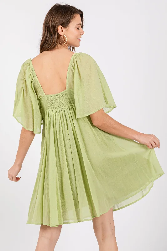 Green Square Neck Pleated Flutter Short Sleeve Dress