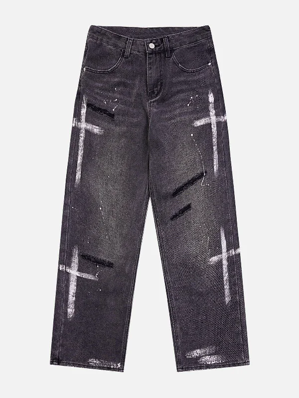 Aelfric Eden Hand Painted Cross Hole Straight Jeans