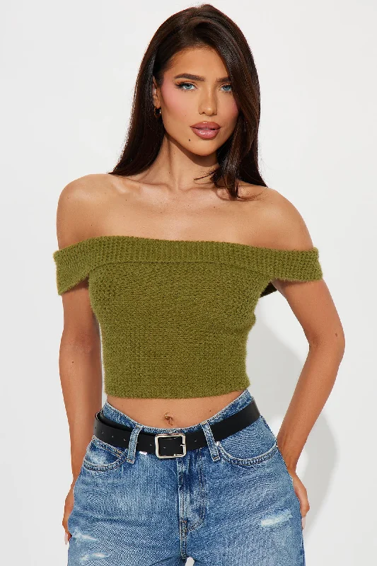 In Too Deep Off Shoulder Sweater Top - Olive