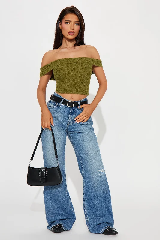 In Too Deep Off Shoulder Sweater Top - Olive