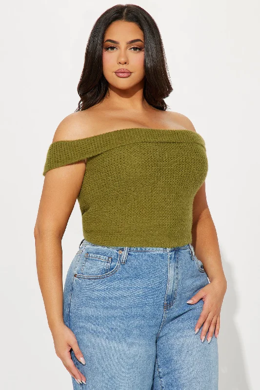 In Too Deep Off Shoulder Sweater Top - Olive