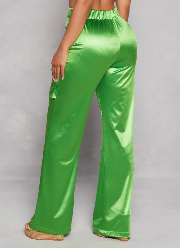 Satin High Waist Cargo Pocket Pants