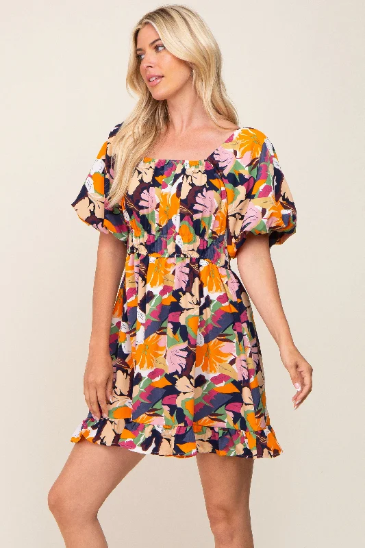 Multicolor Floral Pint Puff Sleeve Dress