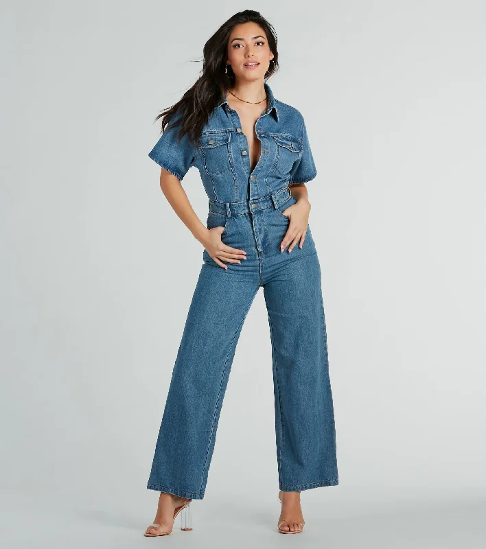 One And Done Short Sleeve Wide-Leg Denim Jumpsuit