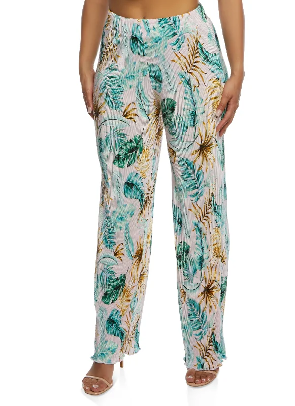 Almost Famous Plisse Palm Print Wide Leg Pants