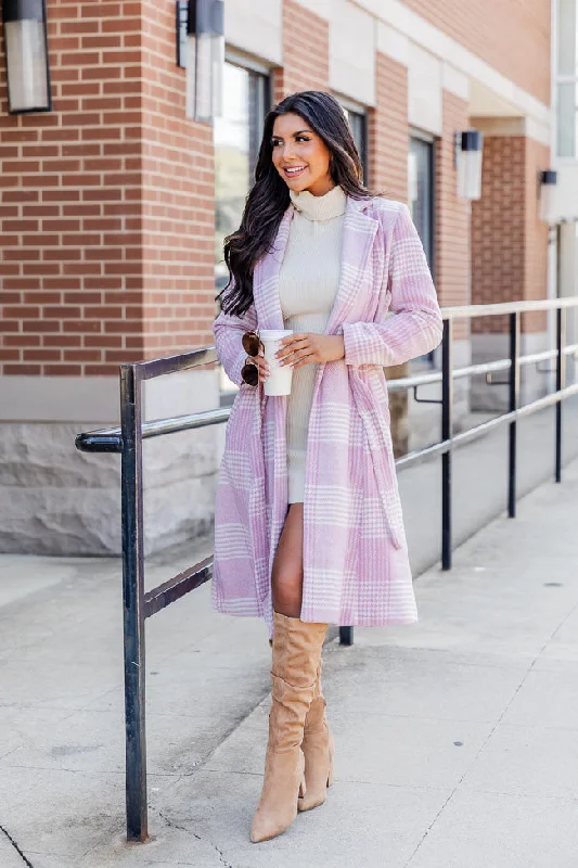 Maybe One Day Soon Pink Belted Plaid Coat