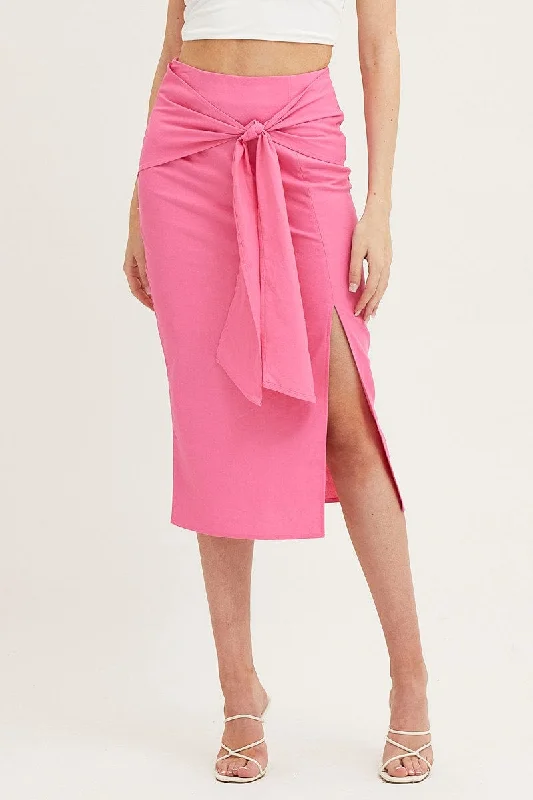 Pink Front Tie Midi Skirt