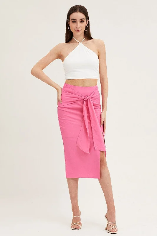 Pink Front Tie Midi Skirt