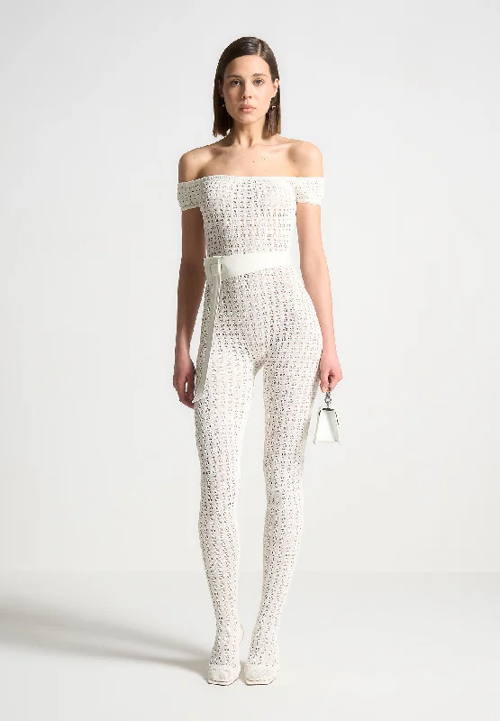 Pointelle Knit Bardot Jumpsuit with Belt - Cream