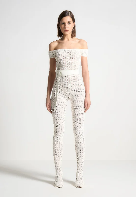 Pointelle Knit Bardot Jumpsuit with Belt - Cream