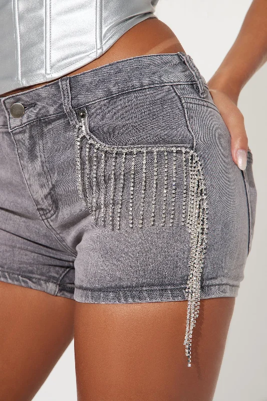 She's A Treasure Stretch Embellished Denim Shorts - Grey