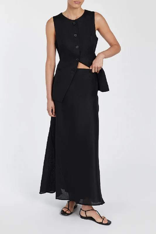 SYRAH BLACK LINEN MIDI SKIRT