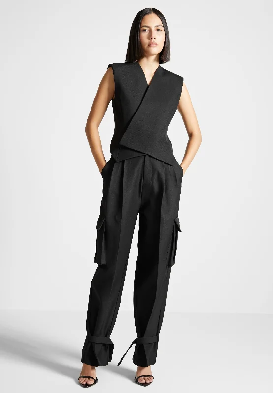 Tailored Pleated Cargo Trousers - Black