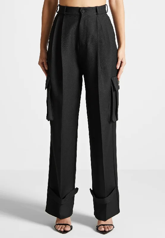 Tailored Pleated Cargo Trousers - Black