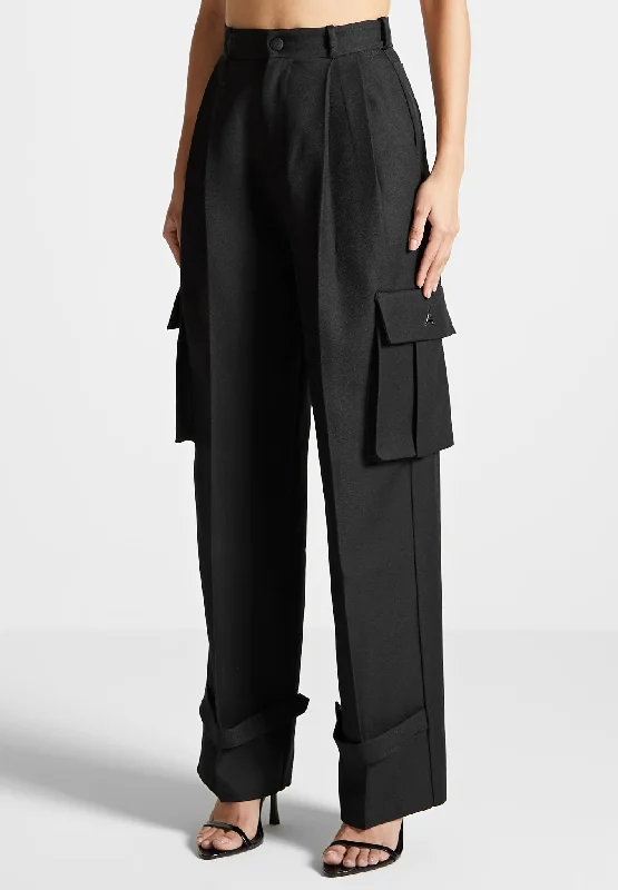 Tailored Pleated Cargo Trousers - Black