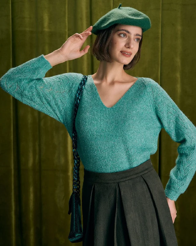 The Green V Neck Ribbed Raglan Sleeve Sweater