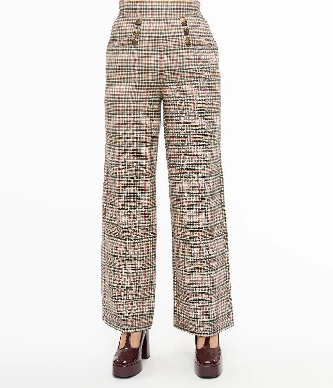 Unique Vintage 1940s Beige Plaid High Waist Sailor Ginger Pants