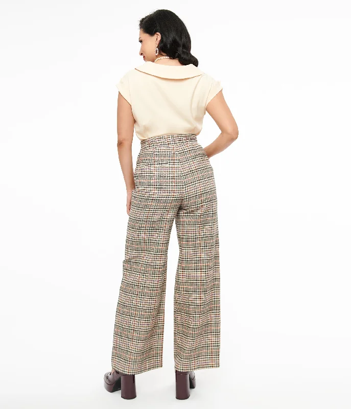 Unique Vintage 1940s Beige Plaid High Waist Sailor Ginger Pants