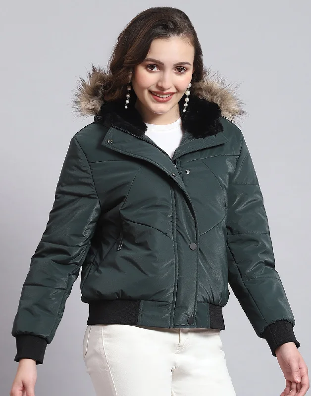 Women Green Solid Hooded Full Sleeve Jacket