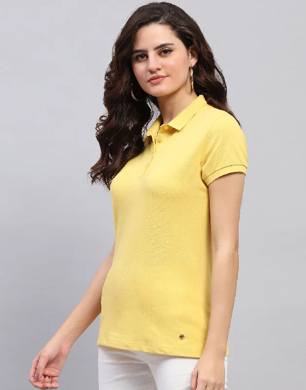 Women Yellow Solid Collar Half Sleeve T-Shirt