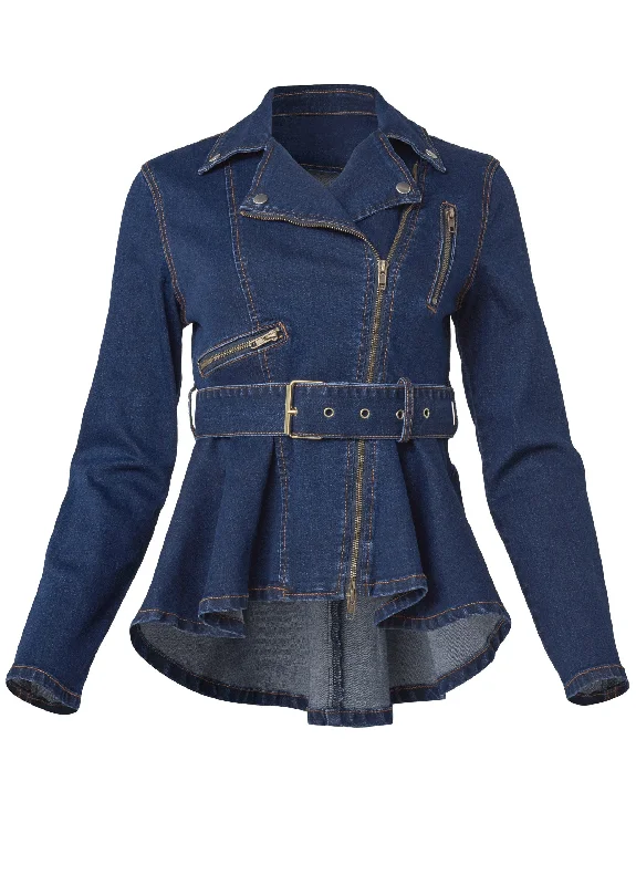 High low ruffle hem jean jacket - Dark Wash