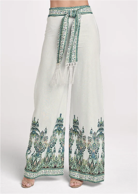 Linen paisley print wide leg pants with belt - White Multi