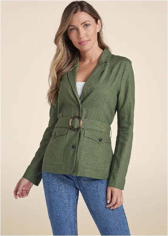 Crochet back linen jacket - Olive