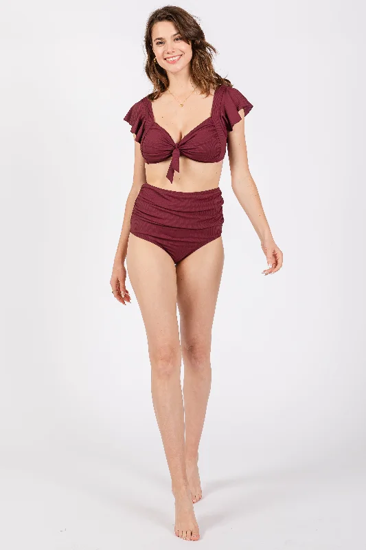 Burgundy Ribbed Ruffle Shoulder Front Tie High Waist Two-Piece Swimsuit