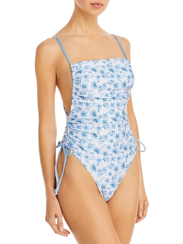 Irene Womens Floral Print Side Tie One-Piece Swimsuit