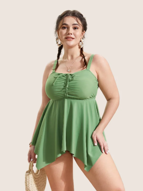 Plain Drawstring Ruched Adjustable Straps Swim Top