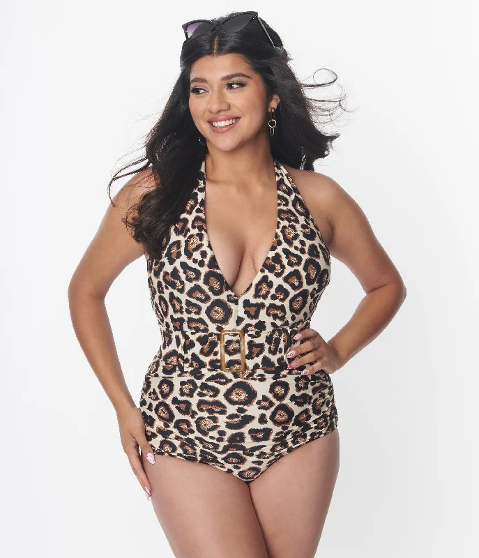 Unique Vintage Leopard Print Belted Halter Swimsuit