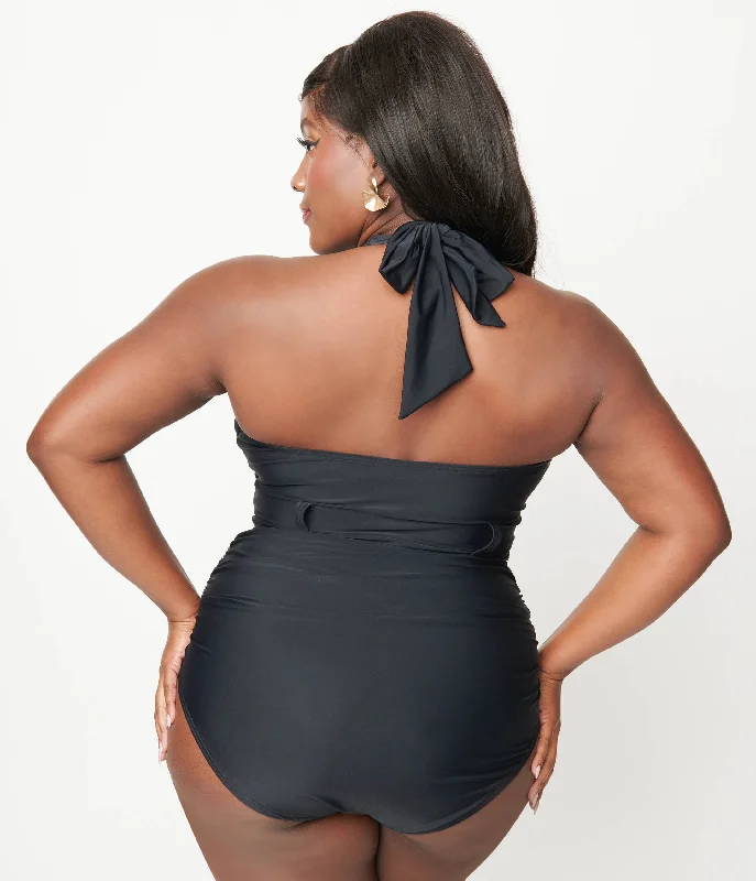 Unique Vintage Plus Size Black Belted Halter Swimsuit