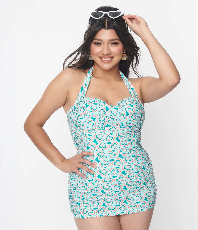 Unique Vintage Turquoise Retro Hearts Corinne Sheath Swimsuit